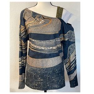 Unbranded Shirt MEDIUM M Blue Gold Striped One Shoulder.